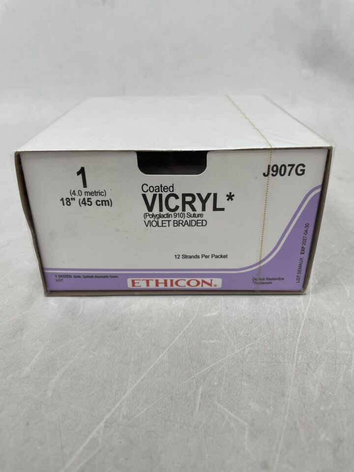 J907G - ETHICON - COATED VICRYL (polyglactin 910) Suture, SUTUPAK Pre-Cut Sutures, Absorbable, Violet Braided 12-18" = 45cm, Size: 1, (BX/12) - ( Expiry Date: 2027-04-30 )