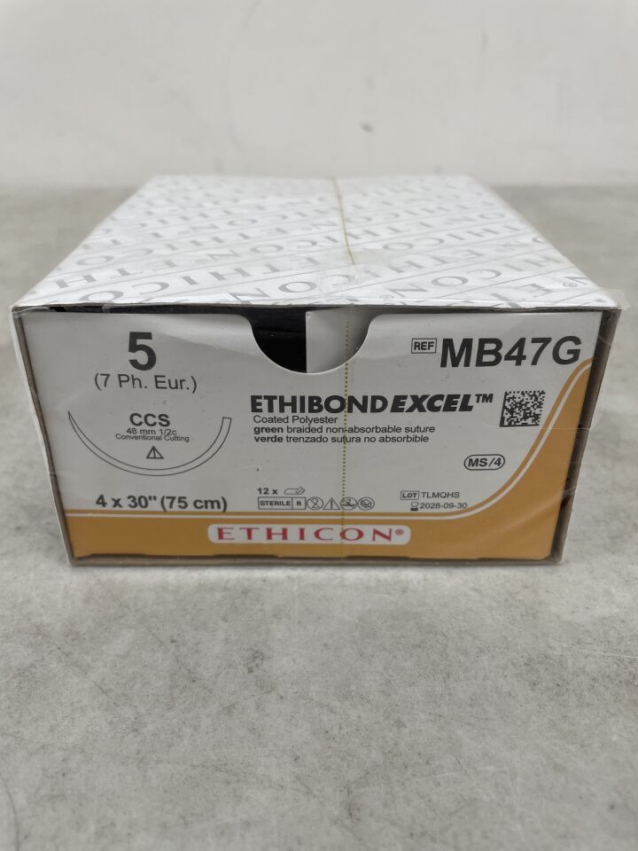 MB47G - ETHICON - Ethibond Excel Non-Absorbable Braided Polyester Suture, Size 5-0, 30 in. Length, CCS Needle, (BX/12) - ( Expiry Date: 2028-09-30 )