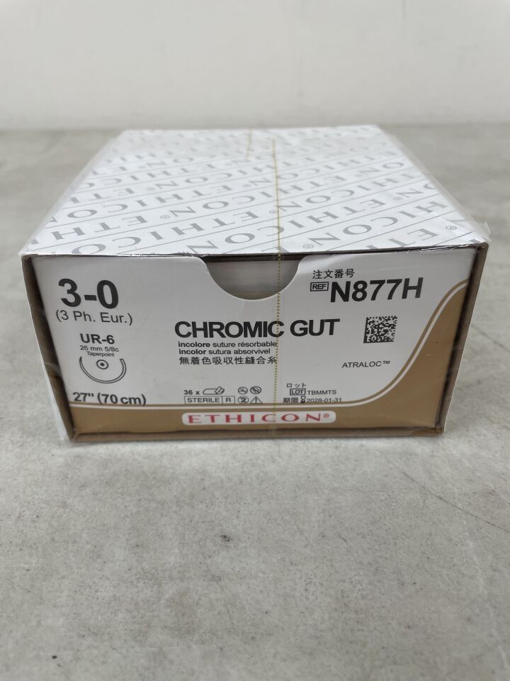 N877H - ETHICON - Gut Chromic Absorbable Monofilament Suture, Size 3-0, 27 in. Length, UR-6 Needle, (BX/36) - ( Expiry Date: 2028-03-31 )