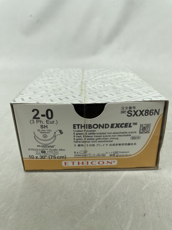 SXX86N - ETHICON - ETHIBOND EXCEL Polyester Suture, Taper Point, Non-Absorbable, SH ½ Circle, Green & White Braided 5-30" (75 cm), Size: 2-0, (BX/6) - ( Expiry Date: 2028-08-31 )