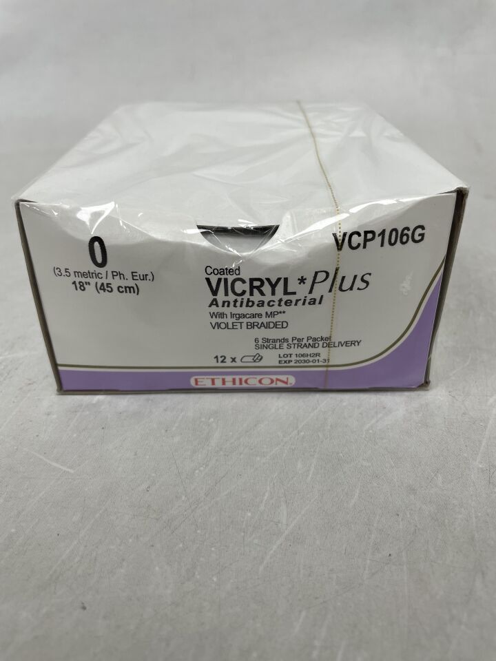 VCP106G - ETHICON - Coated Vicryl Plus Absorbable Braided Antibacterial Suture, Size 0, 18 in, (BX/12) - ( Expiry Date: 2030-01-31 )