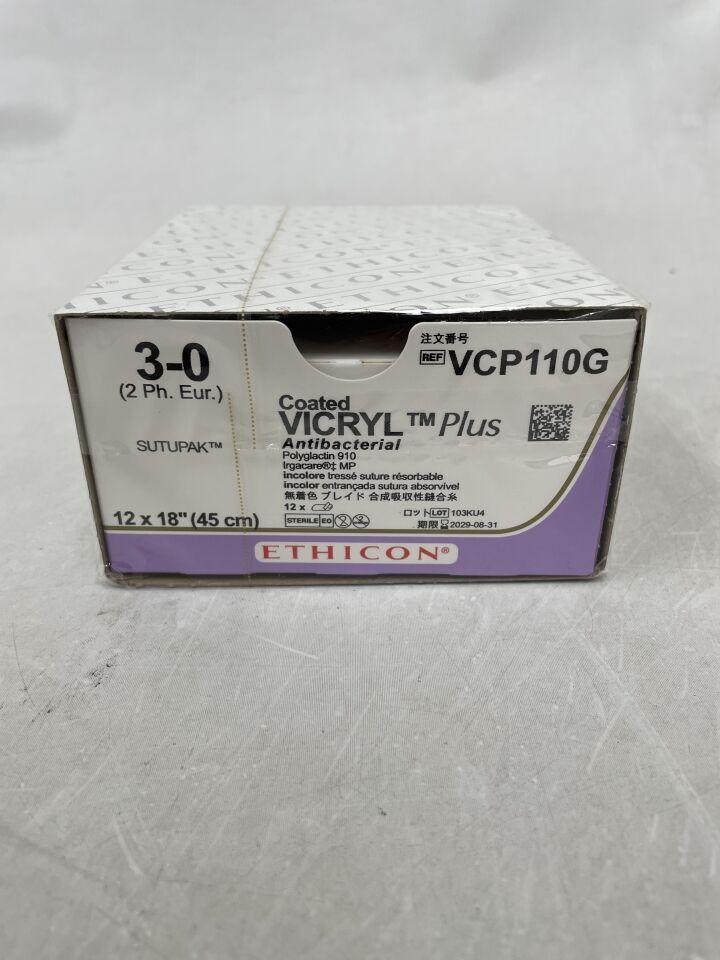 VCP110G - ETHICON - COATED VICRYL Plus Antibacterial (polyglactin 910) Suture, No Needle, Absorbable, Undyed Braided, 18" = 45cm, Size: 3-0, (BX/12) - ( Expiry Date: 2029-08-31 )