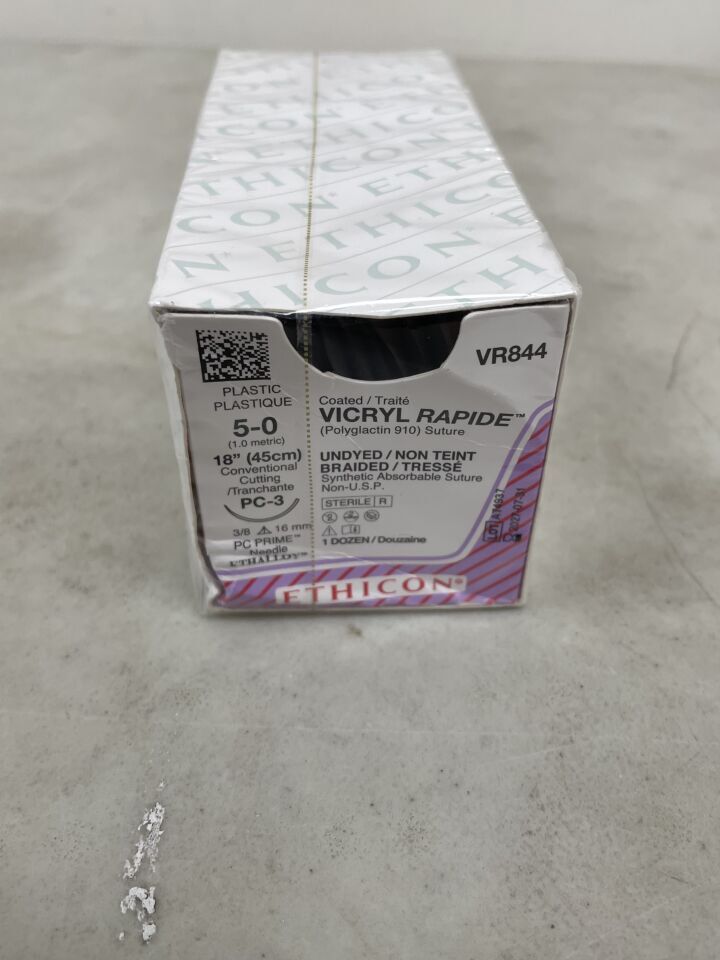 VR844 - ETHICON - Vicryl Rapid Undyed Braided Absorbable Suture, Size 5-0, 18in length, PC-3 needle, (BX/12) - ( Expiry Date: 2027-07-31 )