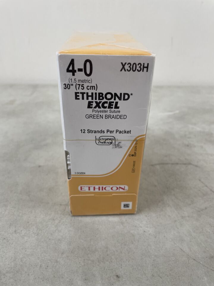X303H - ETHICON - ETHIBOND EXCEL Polyester Suture, SUTUPAK Pre-Cut Sutures, Non-Absorbable, Green Braided 12-30" = 75cm, Size: 4-0, (BX/36) - ( Expiry Date: 2029-12-31 )