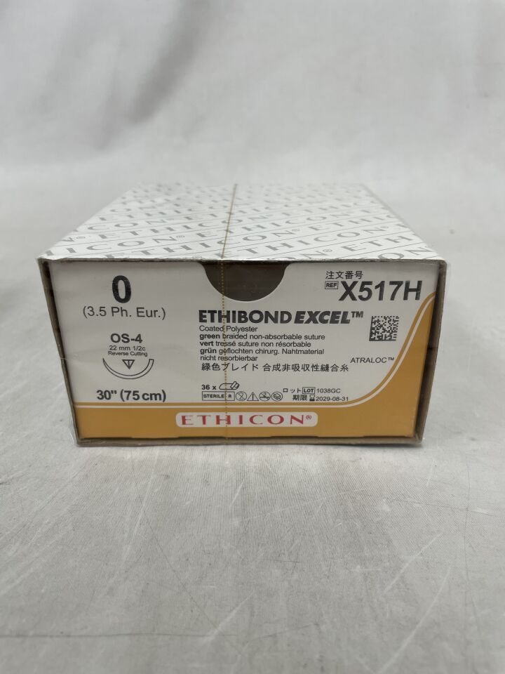 X517H - ETHICON - ETHIBOND EXCEL Polyester Suture, Reverse Cutting, Non-Absorbable, OS-4 22mm ½ Circle, Green Braided 30" = 75cm, Size: 0, (BX/36) - ( Expiry Date: 2029-08-31 )