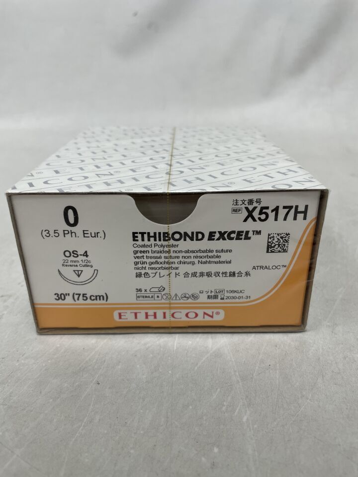 X517H - ETHICON - ETHIBOND EXCEL Polyester Suture, Reverse Cutting, Non-Absorbable, OS-4 22mm ½ Circle, Green Braided 30" = 75cm, Size: 0, (BX/36) - ( Expiry Date: 2030-01-31 )