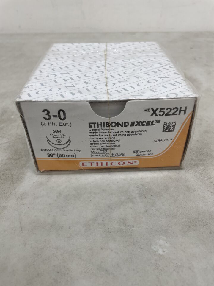 X522H - ETHICON - Ethibond Excel Non-Absorbable Braided Polyester Suture, Size 3-0, 36 in. Length, SH Needle, (BX/36) - ( Expiry Date: 2026-12-31 )
