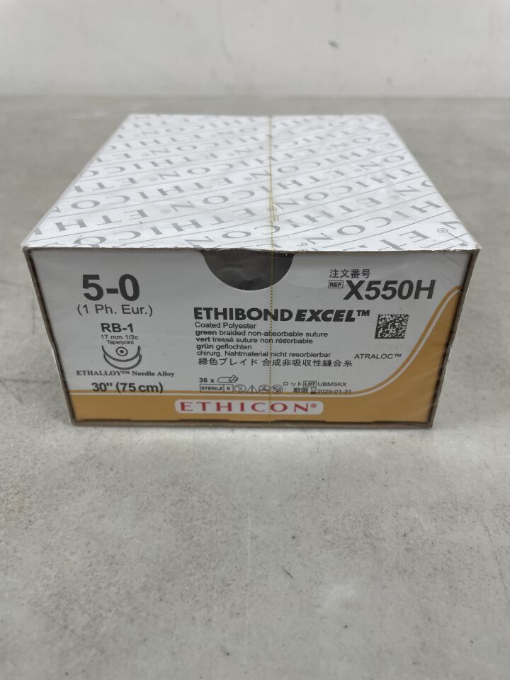 X550H - ETHICON - Ethibond Excel Non-Absorbable Braided Polyester Suture, Size 5-0, 30 in. Length, RB-1 Needle, (BX/36) - ( Expiry Date: 2029-01-31 )