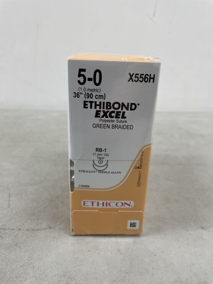 X556H - ETHICON - ETHIBOND EXCEL Polyester Suture, Taper Point, Non-Absorbable, RB-1 17mm / RB-1 ½ Circle, Green Braided 36" = 90cm, Size: 5-0, (BX/36) - ( Expiry Date: 2026-10-31 )