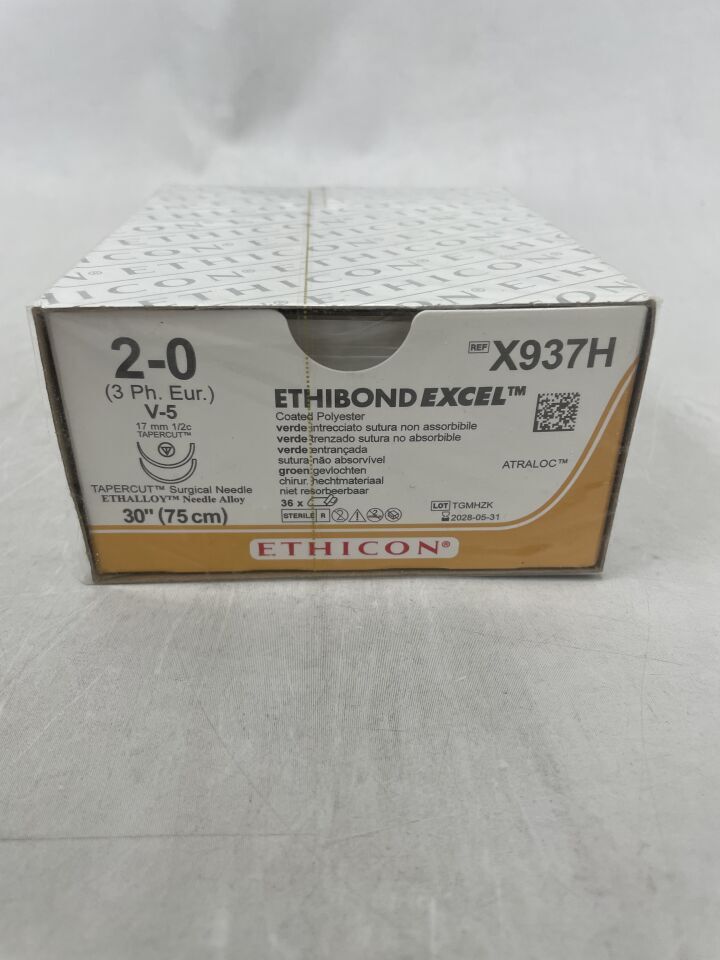 X937H - ETHICON - ETHIBOND EXCEL Polyester Suture, TAPERCUT, Non-Absorbable, V-5 17mm / V-5 ½ Circle, Green Braided 30" = 75cm, Size: 2-0, (BX/36) - ( Expiry Date: 2028-05-31 )