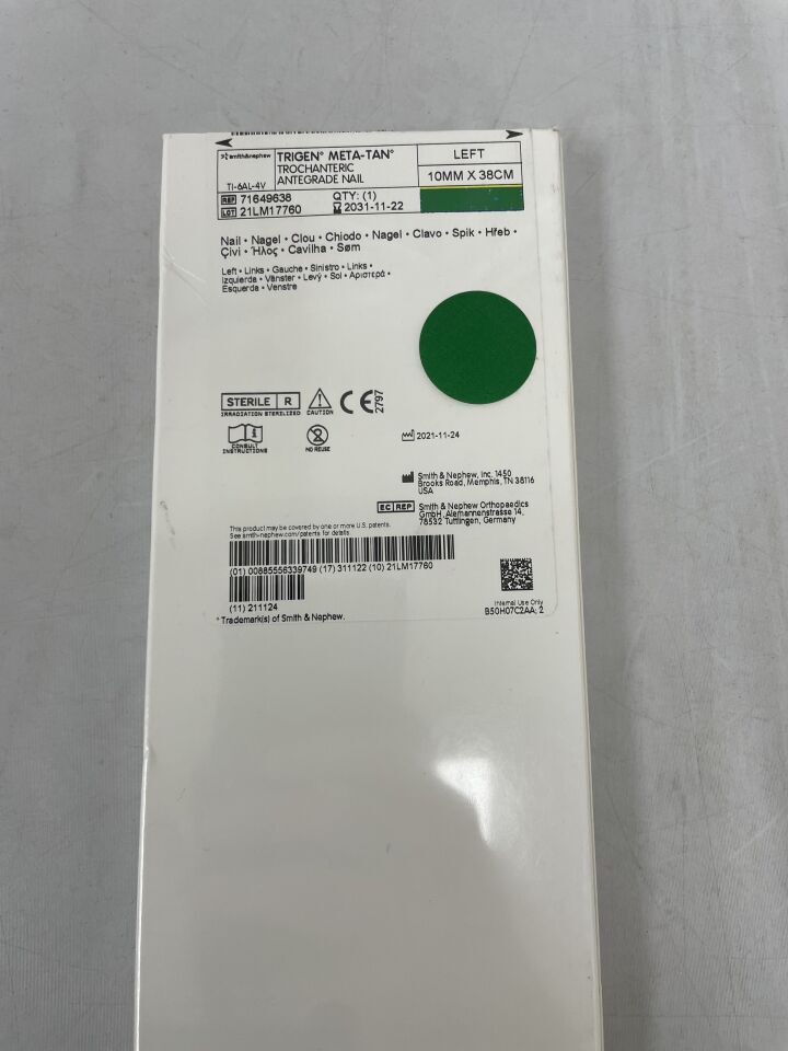 71649638 - SMITH & NEPHEW - TRIGEN META-TAN TROCHANTERIC Anitgrade Nail, Left, 10mm X 38cm, (BX/1) - ( Expiry Date: 2031-11-22 )
