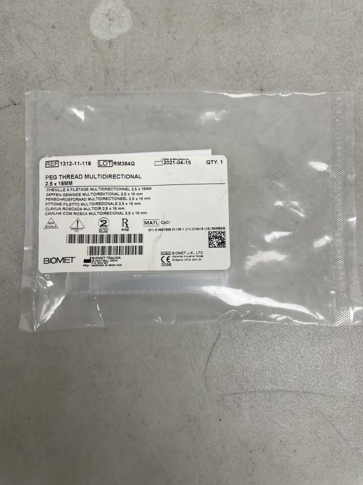 1312-11-118 - BIOMET - Multi Directional Threaded Peg, 2.5 x 18mm, () - ( Expiry Date: 2099-12-31 )