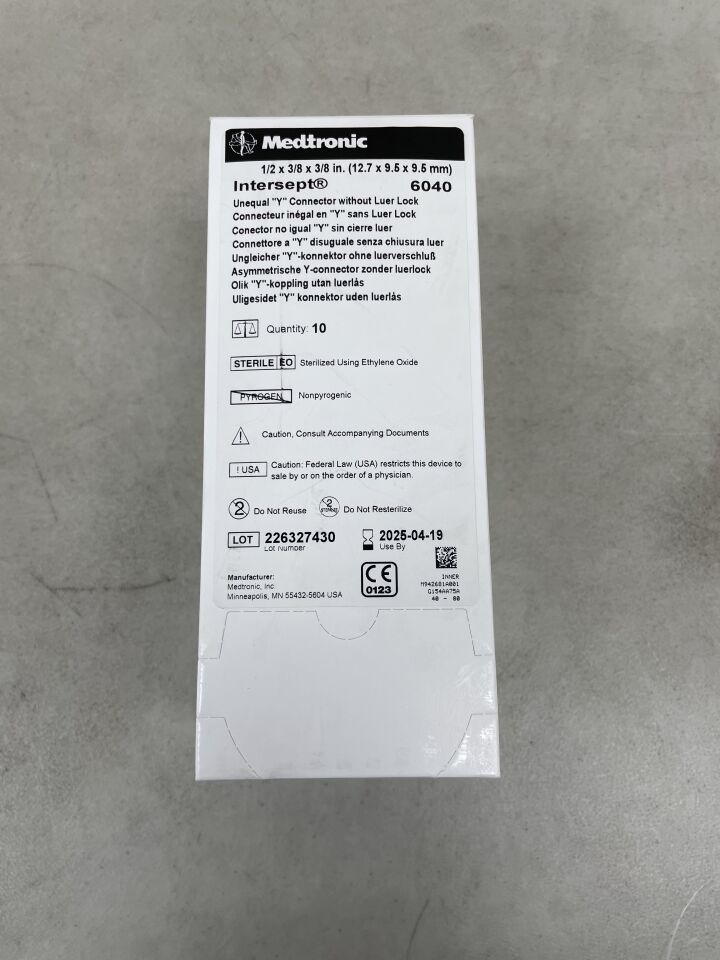 6040 - MEDTRONIC - Intersept Unequal Y Connector w/o Luer Lock, 12.7 x 9.5 x 9.5mm, (BX/10) - ( Expiry Date: 2025-04-19 )