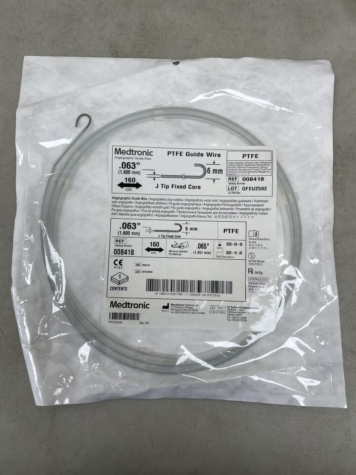 8418 - MEDTRONIC - Angiographic PTFE Guide Wire, Fixed Core 0.063" x 160cm, J-Tip, (EA) - ( Expiry Date: 2025-09-28 )