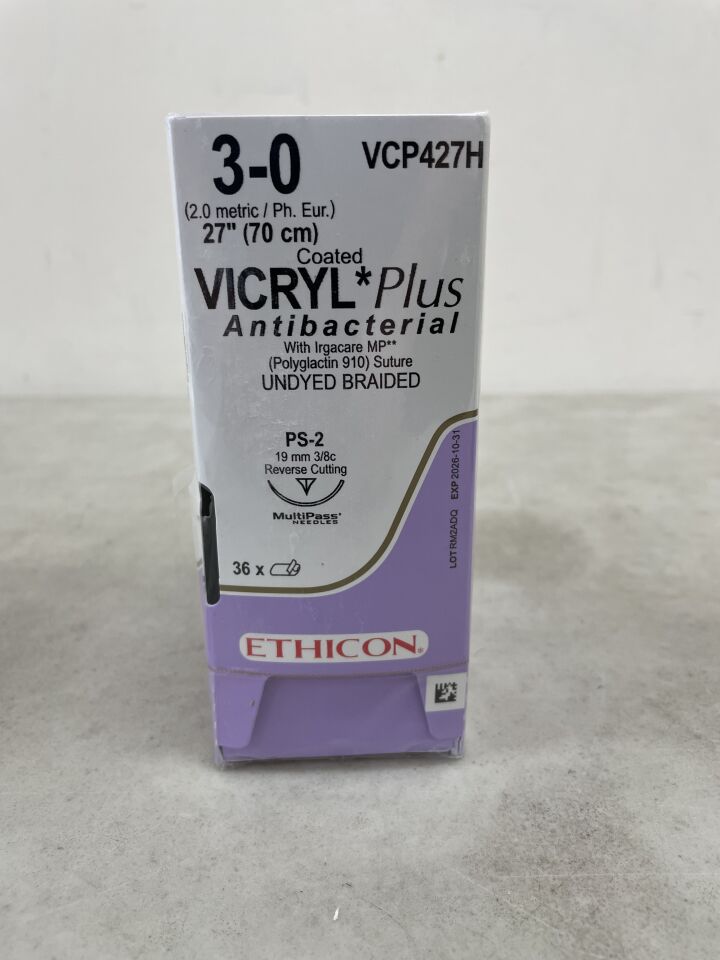 VCP427H - ETHICON - COATED VICRYL Plus Antibacterial (polyglactin 910) Suture, Precision Point - Reverse Cutting, Absorbable, PS-2 19mm 3/8 Circle, Undyed Braided 27" = 70cm, Size: 3-0, (BX/36) - ( Expiry Date: 2026-10-31 )