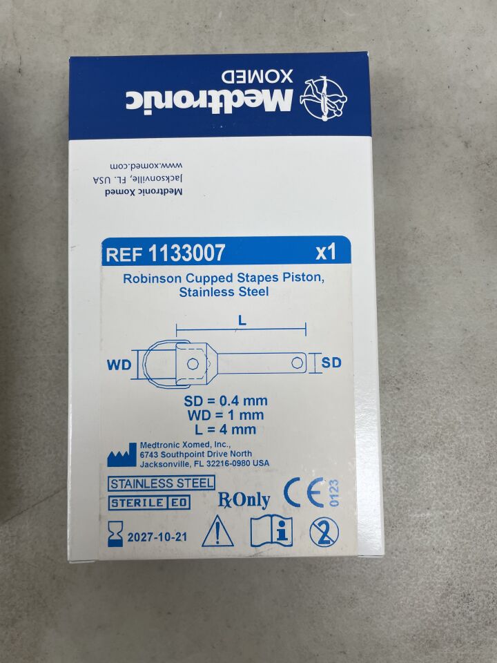 1133007 - MEDTRONIC - Robinson Cupped Stapes Piston, 0.4 x 1 x 4 mm, (BX/1) - ( Expiry Date: 2027-10-21 )