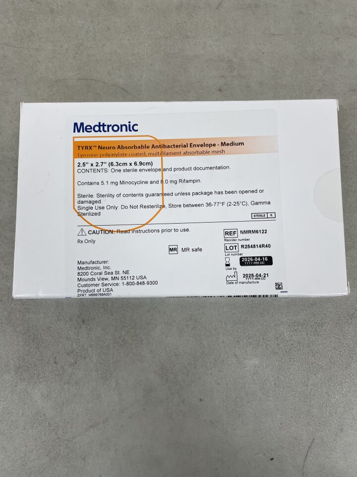 NMRM6122 - MEDTRONIC - TYRX Neuro Absorbable Antibacterial Envelope, Medium 2.5" x 2.7", (BX/1) - ( Expiry Date: 2026-04-16 )