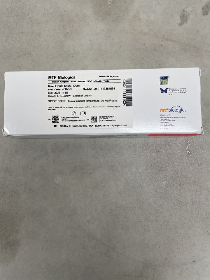 400750 - MTF BIOLOGICS - Fibula Shaft, 10cm x 14.2mm x 3.5mm, (BX/1) - ( Expiry Date: 2025-11-08 )