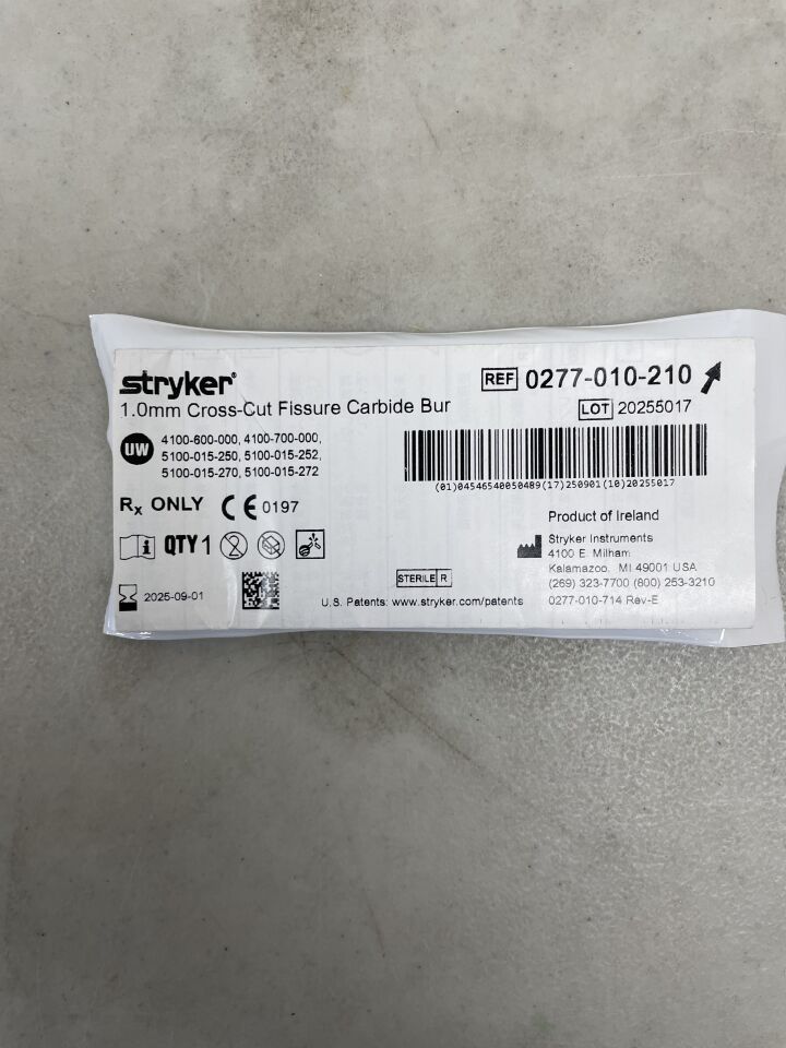 0277-010-210 - STRYKER - 1.0mm Cross-Cut Fissure Carbide Bur, (EA) - ( Expiry Date: 2025-09-01 )