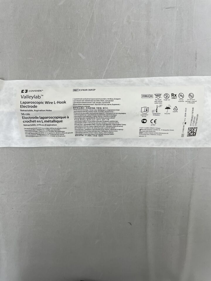 E3783R-36ASP - COVIDIEN - Valleylab Retractable Laparoscopic Wire L-Hook Electrode, Holes, 36cm, (EA) - ( Expiry Date: 2026-10-31 )