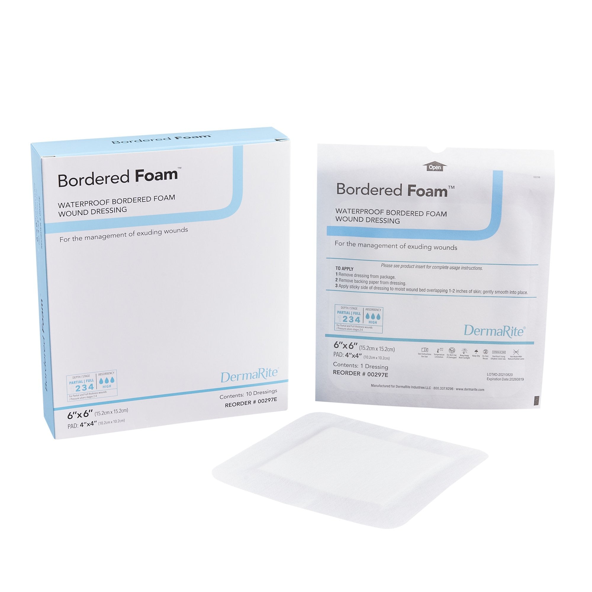 773141 - BorderedFoam - BorderedFoam Foam Dressing 6 X 6 Inch With Border Waterproof Backing Nonacrylic Adhesive Square Sterile, 00297E, Box of 10, (BX)