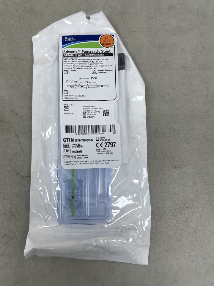 3659 - BOSTON SCIENTIFIC - Advanix Pancreatic Stent - Straight with Leading Barb - 7Fr x 15cm, (EA) - ( Expiry Date: 2026-01-24 )