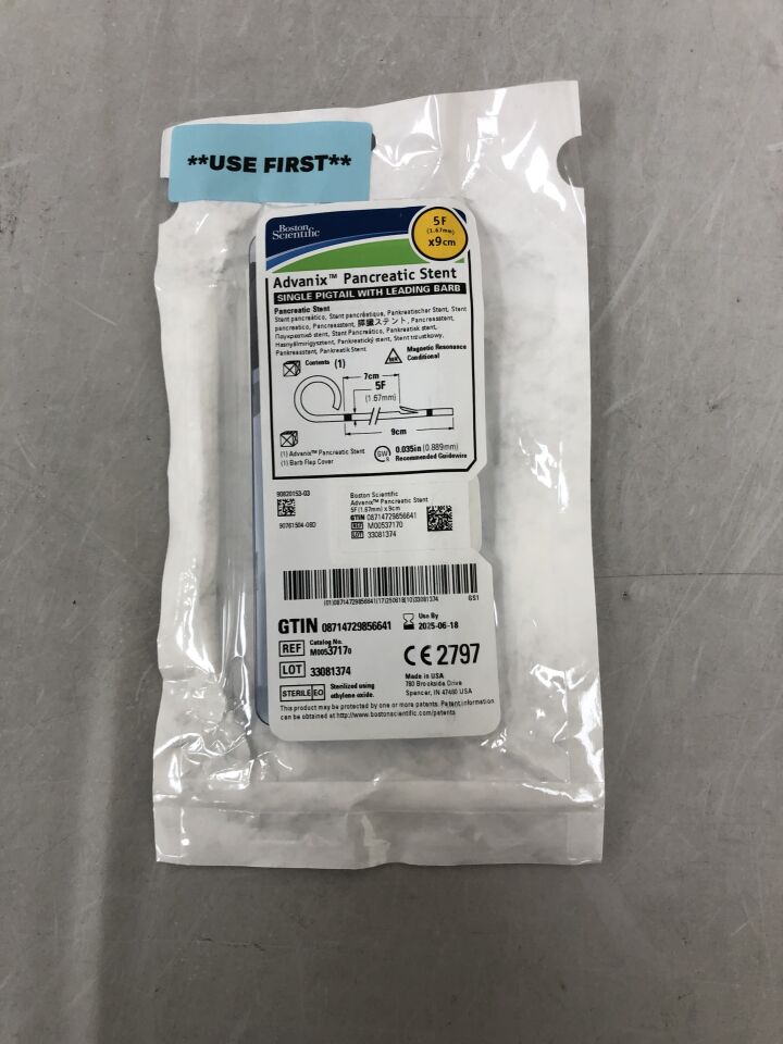 3717 - BOSTON SCIENTIFIC - Advanix Pancreatic Stent - Single Pigtail with Leading Barb - 5Fr x 9cm, (EA) - ( Expiry Date: 2025-11-30 )