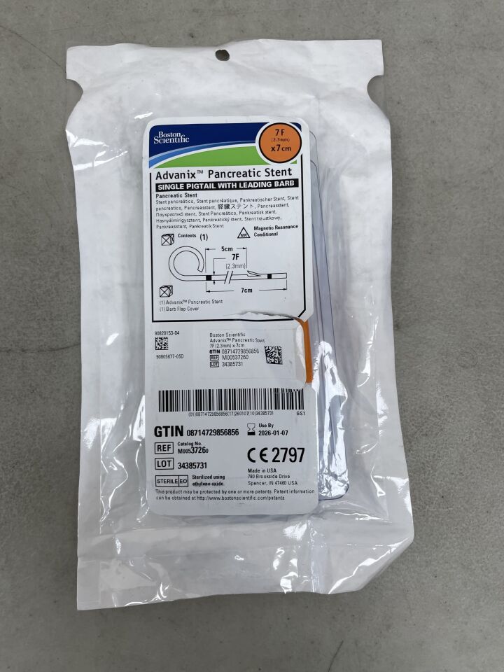 3726 - BOSTON SCIENTIFIC - Advanix Pancreatic Stent - Single Pigtail with Leading Barb - 7Fr x 7cm, (EA) - ( Expiry Date: 2026-01-07 )