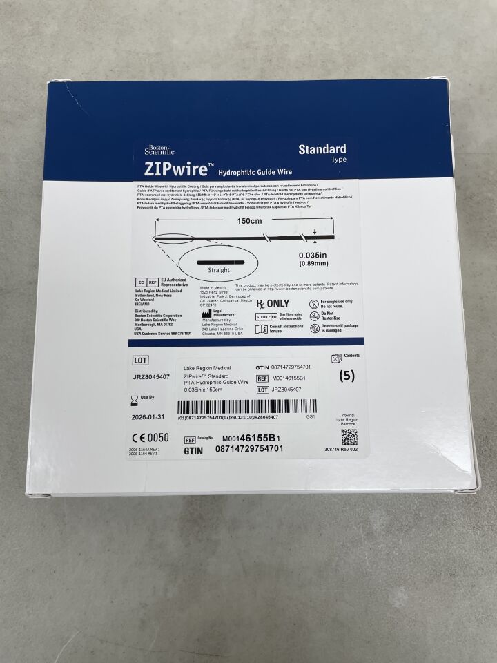 46155B - BOSTON SCIENTIFIC - ZIPwire PTA Hydrophilic Guidewire - Standard, Straight - .035" x 150cm, (BX/5) - ( Expiry Date: 2026-01-31 )