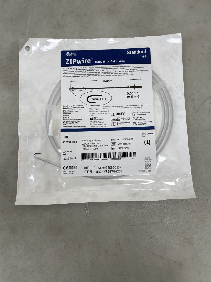 46350B - BOSTON SCIENTIFIC - ZIPwire PTA Hydrophilic Guidewire - Standard, 3mm J-Tip - .035" x 150cm, (EA) - ( Expiry Date: 2025-10-19 )