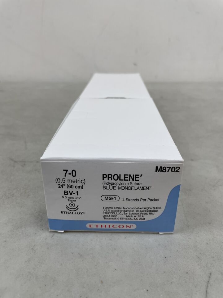 M8702 - ETHICON - Prolene Non-Absorbable Monofilament Polypropylene Suture, Size 7-0, 24 in. Length, BV-1 Needle, (BX/12) - ( Expiry Date: 2024-11-30 )