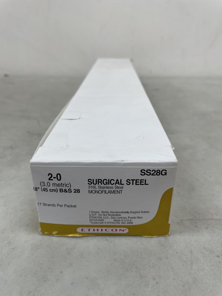 SS28G - ETHICON - Surgical Steel Monofilament Nonabsorbable Suture, Size 2-0, 18in length, (BX/12) - ( Expiry Date: 2026-03-31 )