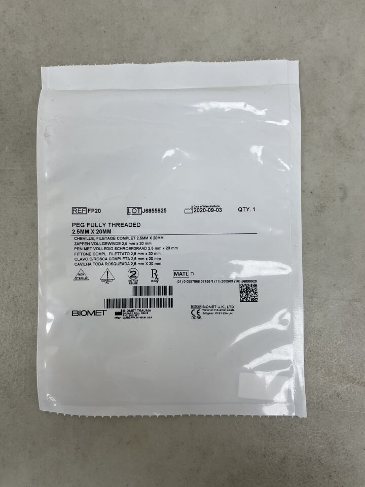 FP20 - BIOMET - Peg Fully Threaded 2.5mm x 20mm, (EA) - ( Expiry Date: 2099-12-31 )