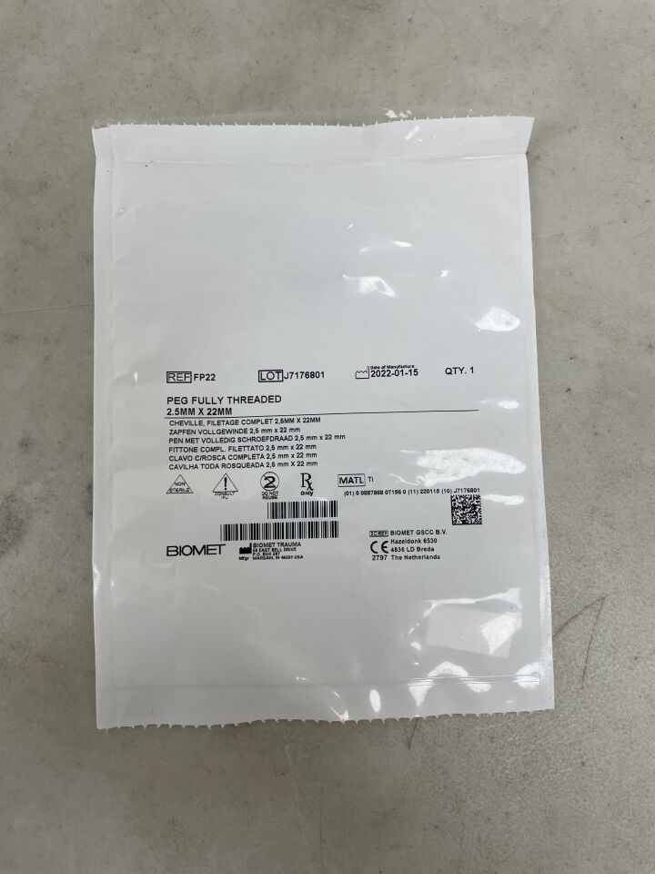 FP22 - BIOMET - Peg Fully Threaded, 2.5mm X 22mm, (EA) - ( Expiry Date: 2099-12-31 )