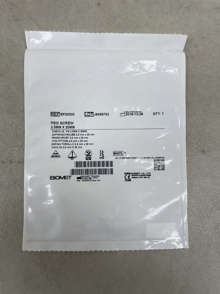 SP20000 - BIOMET - Peg Screw, Non-Locking, 2.5 x 20mm, (EA) - ( Expiry Date: 2099-12-31 )