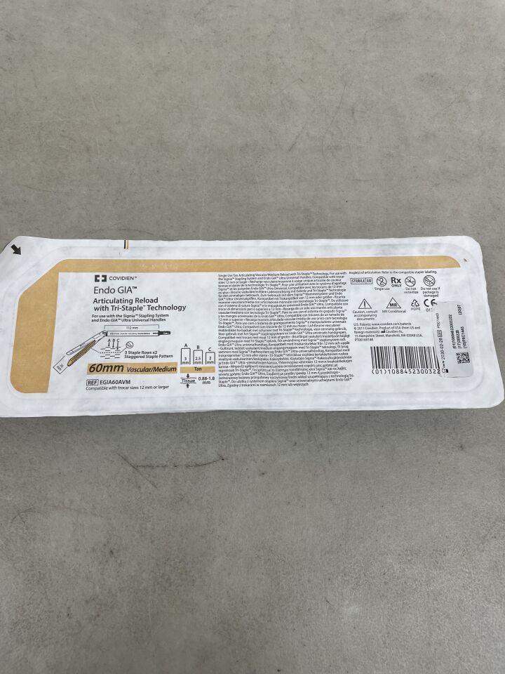 EGIA60AVM - COVIDIEN - Endo GIA Standard Tip Vascular/Medium Tissue Articulating Stapler Reload, Tan, 60 mm Size, (EA) - ( Expiry Date: 2030-02-28 )