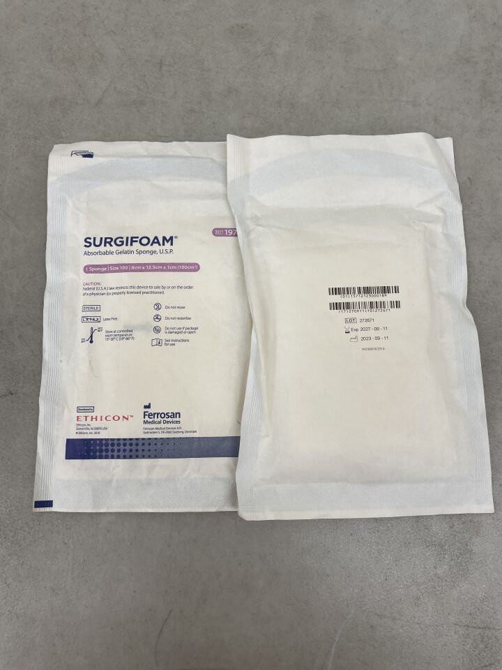 1974 - ETHICON - SURGIFOAM Absorbable Gelatin Sponge, size 100, 8cm x 12.5cm x 1cm, (EA) - ( Expiry Date: 2027-09-11 )