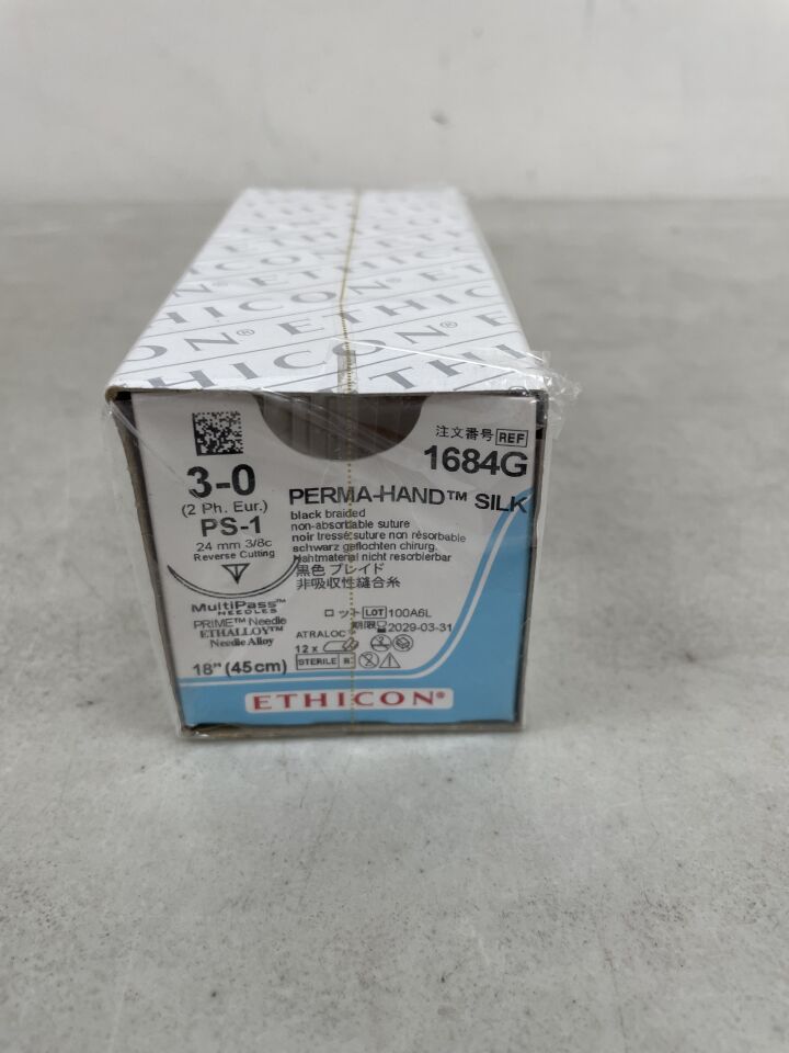 1684G - ETHICON - PERMA-HAND Silk Suture, Non-Absorbable, Precision Point - Reverse Cutting, PS-1 24mm 3/8 Circle, Black Braided, 18" ˜ 45cm, Size: 3-0, (BX/12) - ( Expiry Date: 2029-03-31 )