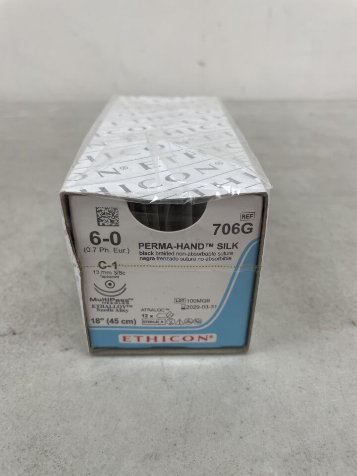 706G - ETHICON - PERMA-HAND Silk Suture, Taper Point, Non-Absorbable, C-1 13mm / C-1 3/8 Circle, Black Braided 18" = 45cm, Size: 6-0, (BX/12) - ( Expiry Date: 2029-03-31 )