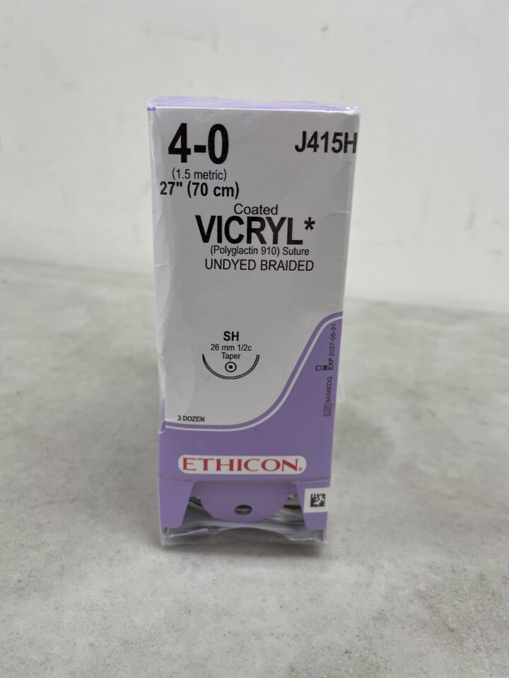 J415H - ETHICON - Coated Vicryl Absorbable Braided Polyglactin 910 Suture, Size 4-0, 27 in. Length, SH Needle, (BX/36) - ( Expiry Date: 2027-08-31 )