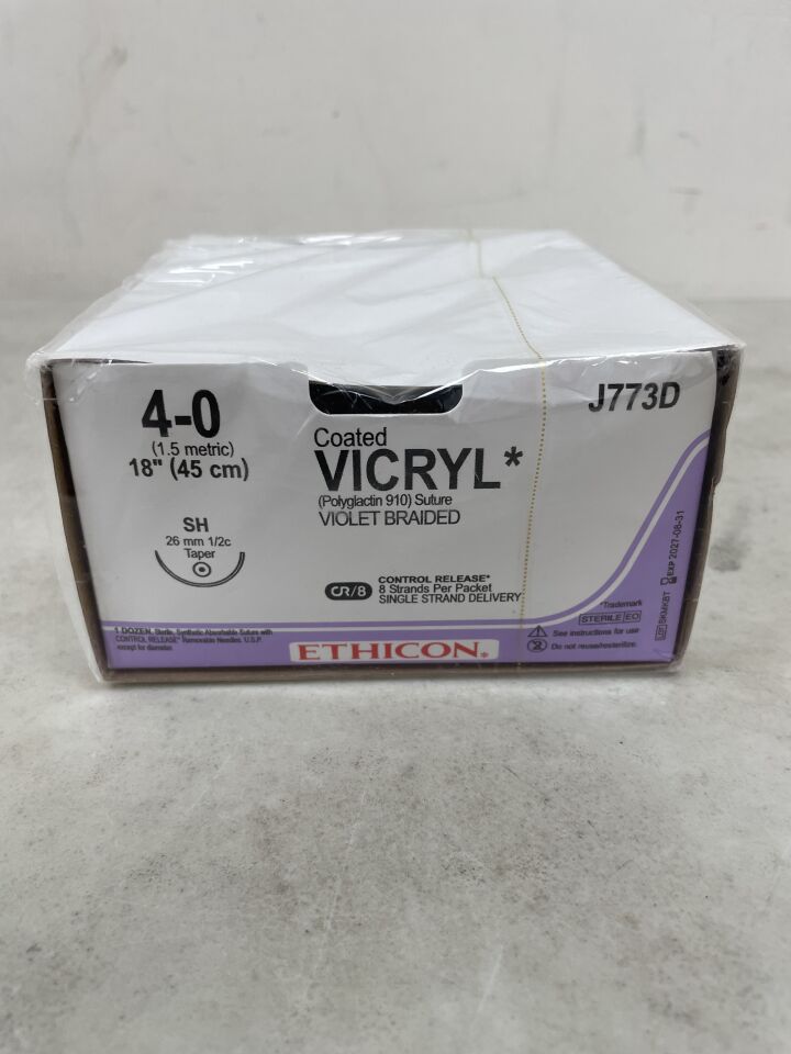 J773D - ETHICON - COATED VICRYL Suture, Taper Point, Absorbable, SH 26mm ½ Circle, Violet Braided 8-18" = 45cm, Size: 4-0, (BX/12) - ( Expiry Date: 2027-08-31 )