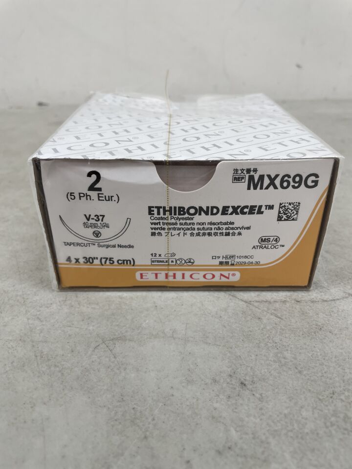MX69G - ETHICON - Ethibond Excel Non-Absorbable Braided Polyester Suture, Size 2, 30 in. Length, V-37 Needle, (BX/12) - ( Expiry Date: 2029-04-30 )