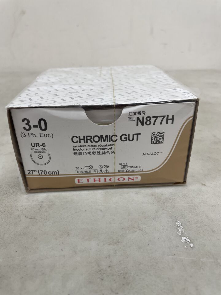 N877H - ETHICON - Gut Chromic Absorbable Monofilament Suture, Size 3-0, 27 in. Length, UR-6 Needle, (BX/36) - ( Expiry Date: 2028-01-31 )