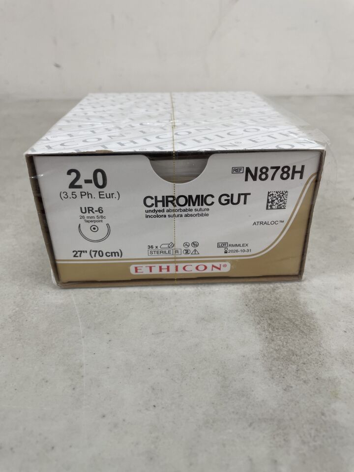 N878H - ETHICON - Gut Suture - Chromic, Taper Point, Absorbable, UR-6 26mm 5/8 Circle, Chromic Monofilament 27" = 70cm, Size: 2-0, (BX/36) - ( Expiry Date: 2026-10-31 )