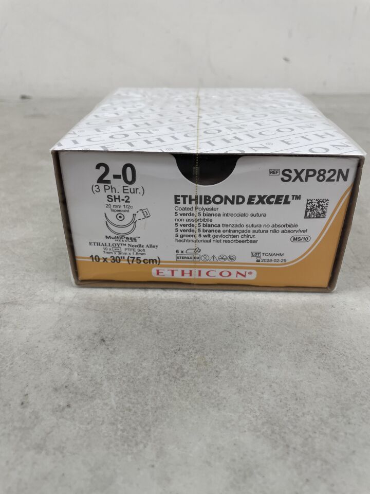 SXP82N - ETHICON - ETHIBOND EXCEL Polyester Suture, Taper Point, Green & White Braided 10-30", Size: 2-0, (BX/6) - ( Expiry Date: 2028-02-29 )