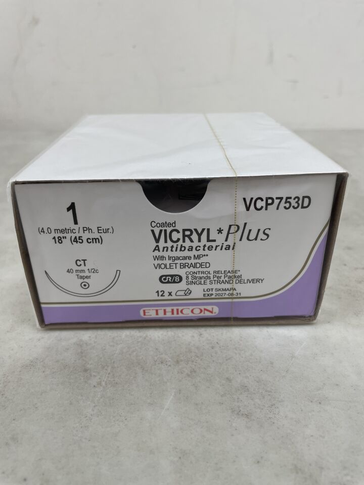 VCP753D - ETHICON - Coated Vicryl Plus Absorbable Braided Antibacterial Suture, Size 1, 18 in. Length, CT Needle, (BX/12) - ( Expiry Date: 2027-08-31 )