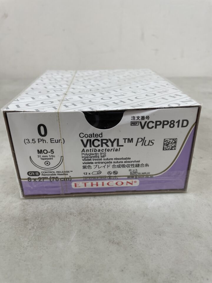 VCPP81D - ETHICON - Coated Vicryl Plus Absorbable Braided Antibacterial Suture, Size 0, 27 in. Length, MO-5 Needle, (BX/12) - ( Expiry Date: 2027-09-30 )