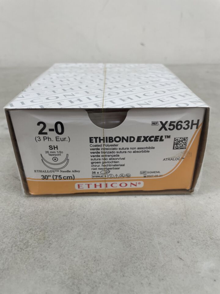 X563H - ETHICON - ETHIBOND EXCEL Polyester Suture, Taper Point, Non-Absorbable, SH 26mm / SH ½ Circle, Green Braided 30" = 75cm, Size: 2-0, (BX/36) - ( Expiry Date: 2027-05-31 )