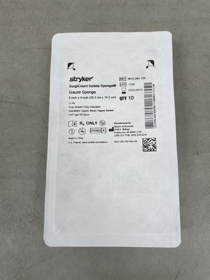 0612-284-120 - STRYKER - SurgiCount Safety-Sponge Gauze Sponge, 8" x 4", Dual, Straight, 12 Ply, X-Ray Detectable, (EA) - ( Expiry Date: 2026-09-01 )