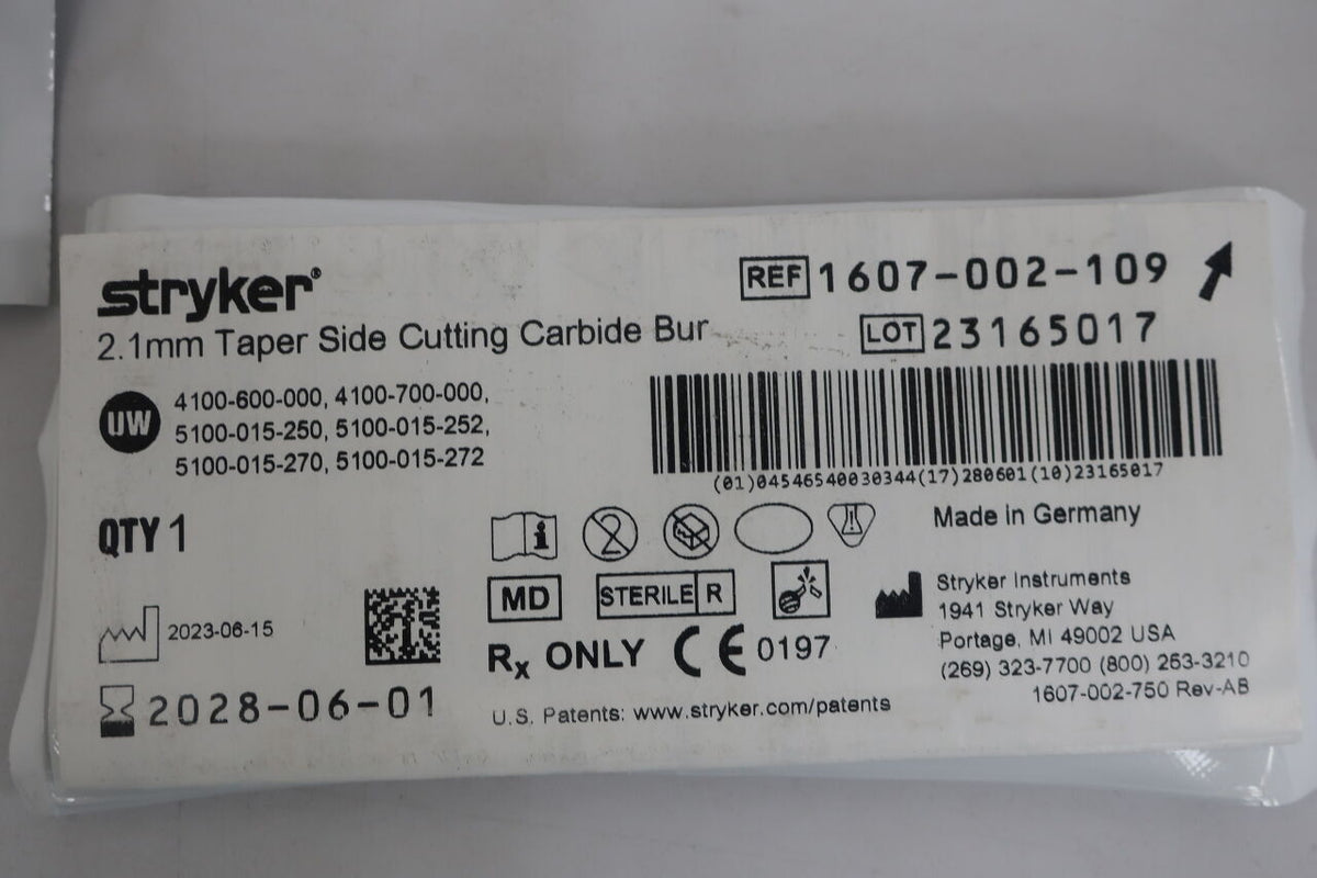 1607-002-109 - STRYKER - 2.1mm Taper Side Cutting Carbide Bur, (EA)